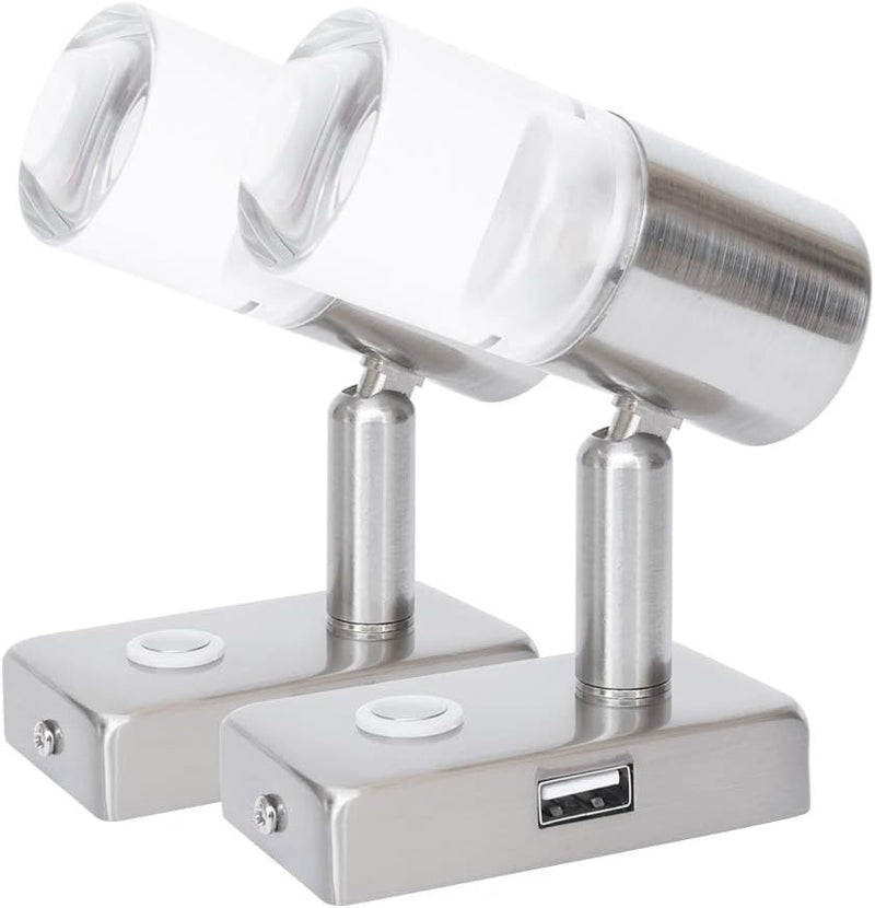 lighteu, 2X 12V 2W A2 USB Decken- / Wandstrahler, Nickel-Finish, Nachttischlampe, Leselampe drehen u