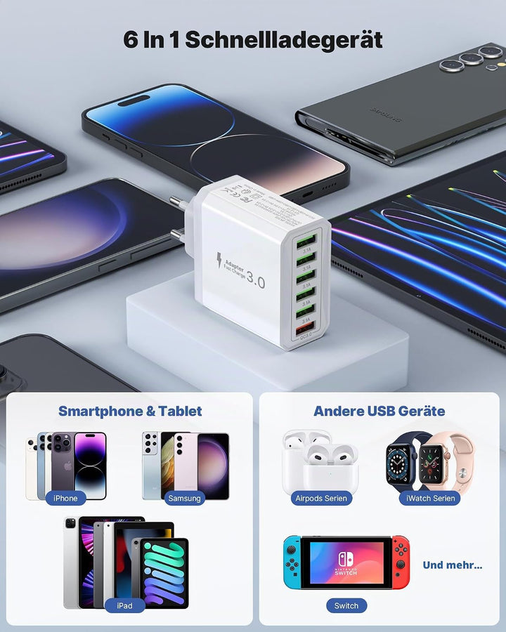 USB Ladegerät 2er-Pack, 6-Ports Ladeadapter 33W USB Ladestecker mit QC 3.0 Schnellladegerät Mehrfach