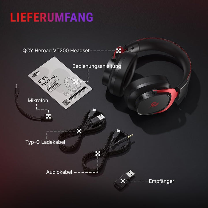 QCY Heroad VT200 Gaming Headset Wireless,2.4Ghz kabellos Headset Mit Mikrofon,7.1 Surround Sound,Blu