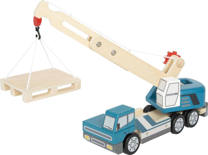 small foot Kranwagen mit Palette aus Holz, Spielfahrzeug für Kinder, mit 360°-drehbarem Kran und Zub