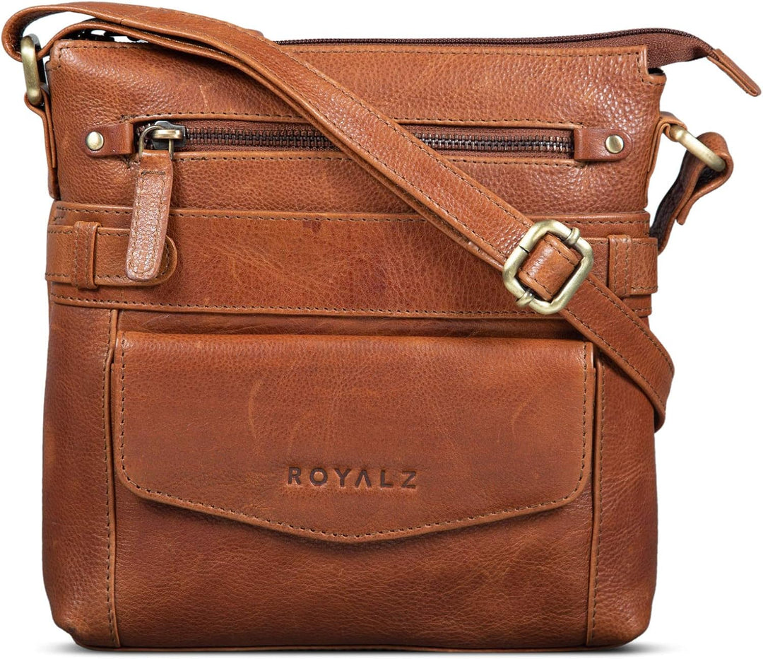 ROYALZ 'Madison' Vintage Handtasche Damen Umhängetasche klein kompakte Ledertasche Schultertasche Te