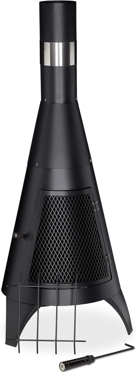 Relaxdays Terrassenofen mit Funkenschutz Tür, dekorative Feuerstelle für Holz, Gartenofen, HxD: 120x