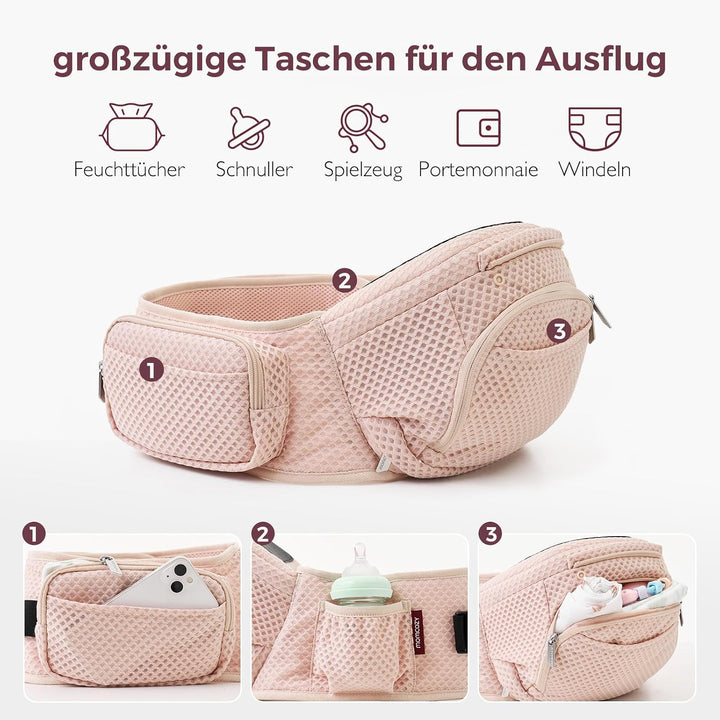 Momcozy Babytrage mit Hüftkissen, 2-in-1 Verstellbare &amp; Abnehmbare Babytrage bis 20kg, Atmungsaktive