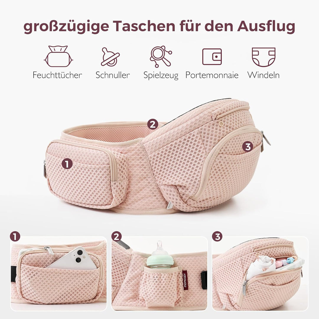 Momcozy Babytrage mit Hüftkissen, 2-in-1 Verstellbare &amp; Abnehmbare Babytrage bis 20kg Rosa