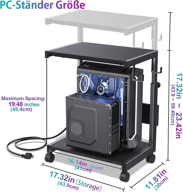 Höhenverstellbarer Computer-Tower-Ständer mit 2 Etagen & Stauraum – Bodenstehender PC-Ständer für AT