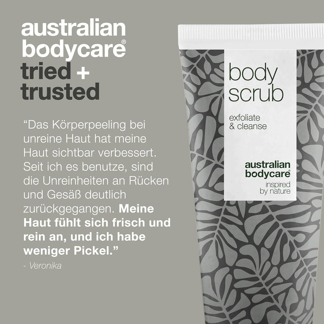3x Körperpeeling 200ml mit Teebaumöl | Gegen Pickel, unreine Haut, eingewachsene Haare, Reibeisenhau