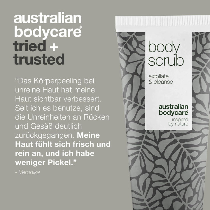 3x Körperpeeling 200ml mit Teebaumöl | Gegen Pickel, unreine Haut, eingewachsene Haare, Reibeisenhau