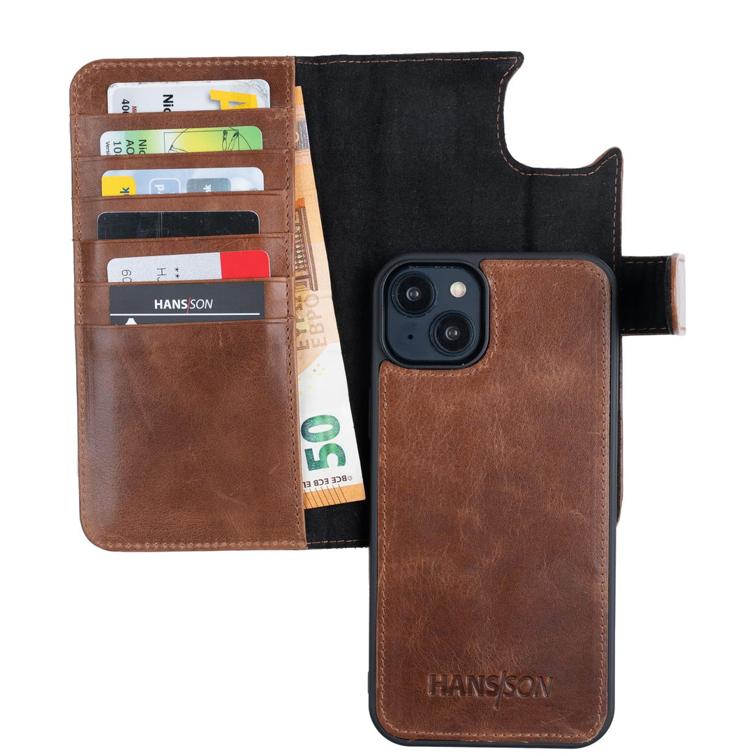 HANS/SON Klappbare Echtlederhülle | iPhone 14 Plus Ledercase mit Kartenfächern | Lederhülle mit Sche