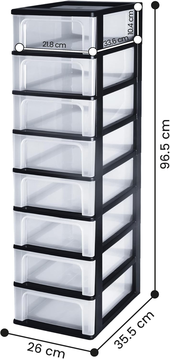 Iris Ohyama, Kunststoff Schubladenbox mit 8 flachen Schubladen, Schwarz, Easy-Pull-System, A4, A5 &