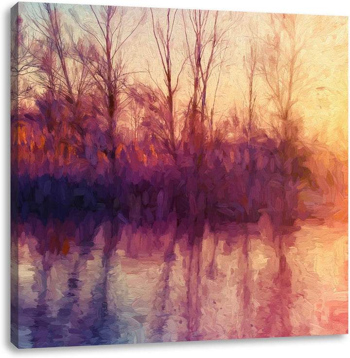 Pixxprint Bäume spiegeln Sich im Wasser Pinsel Effekt, Format: 70x70 auf Leinwand, 70x70