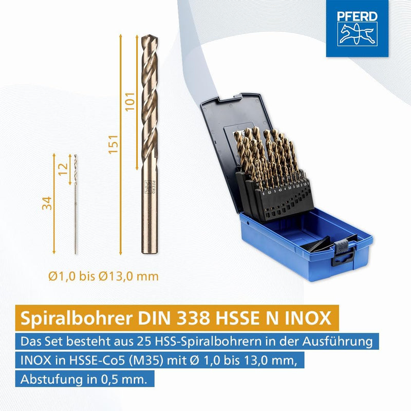 PFERD Spiralbohrer-Set INOX, 25-tlg. | Ø 1-13 mm, HSS-E Co5 N, DIN 338, 135° | 25203704 - für zähe u