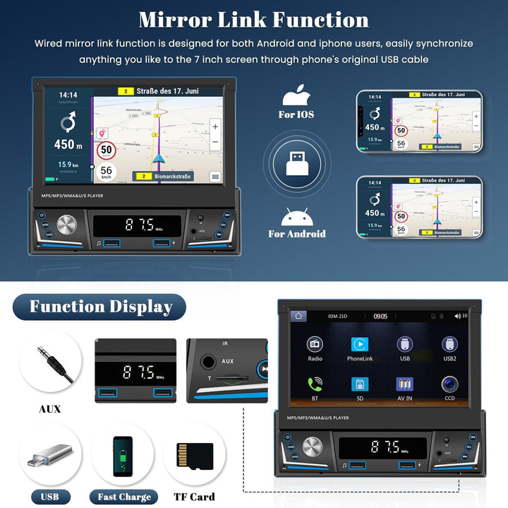 Hikity AM FM Autoradio 1 Din Wireless Carplay Android Auto, Touch Screen 7 Zoll Ausfahrbarem Display