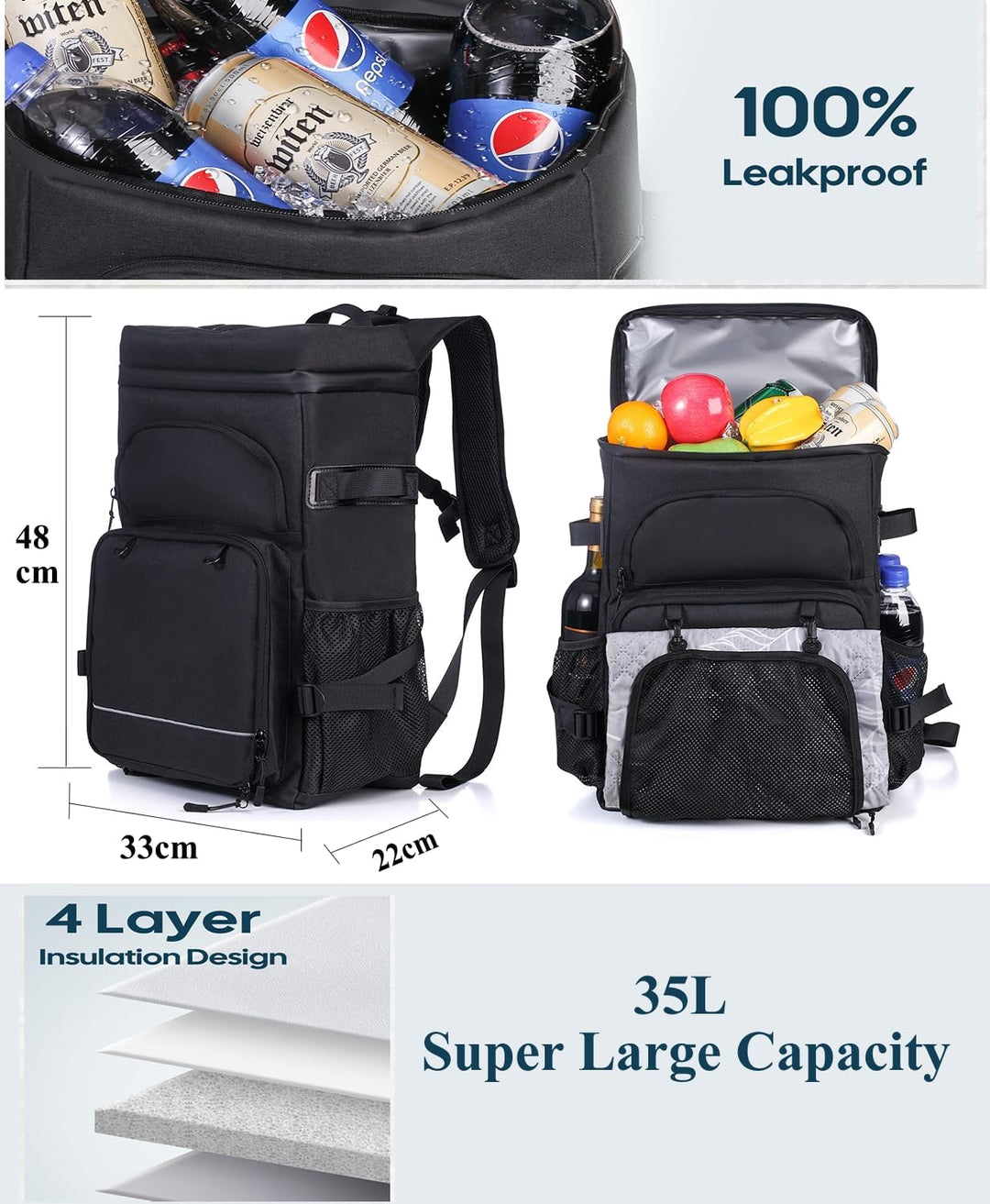 DEWUR Kühlrücksack 35L Thermo Rücksack Kühltasche Wasserdichter Picknickrücksack mit Flaschenöffner