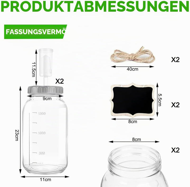 2 Stück Fermentierglas 2L mit Deckel Fermentiergläser Kimchi Behälter Luftschleuse Gärglas mit Etike