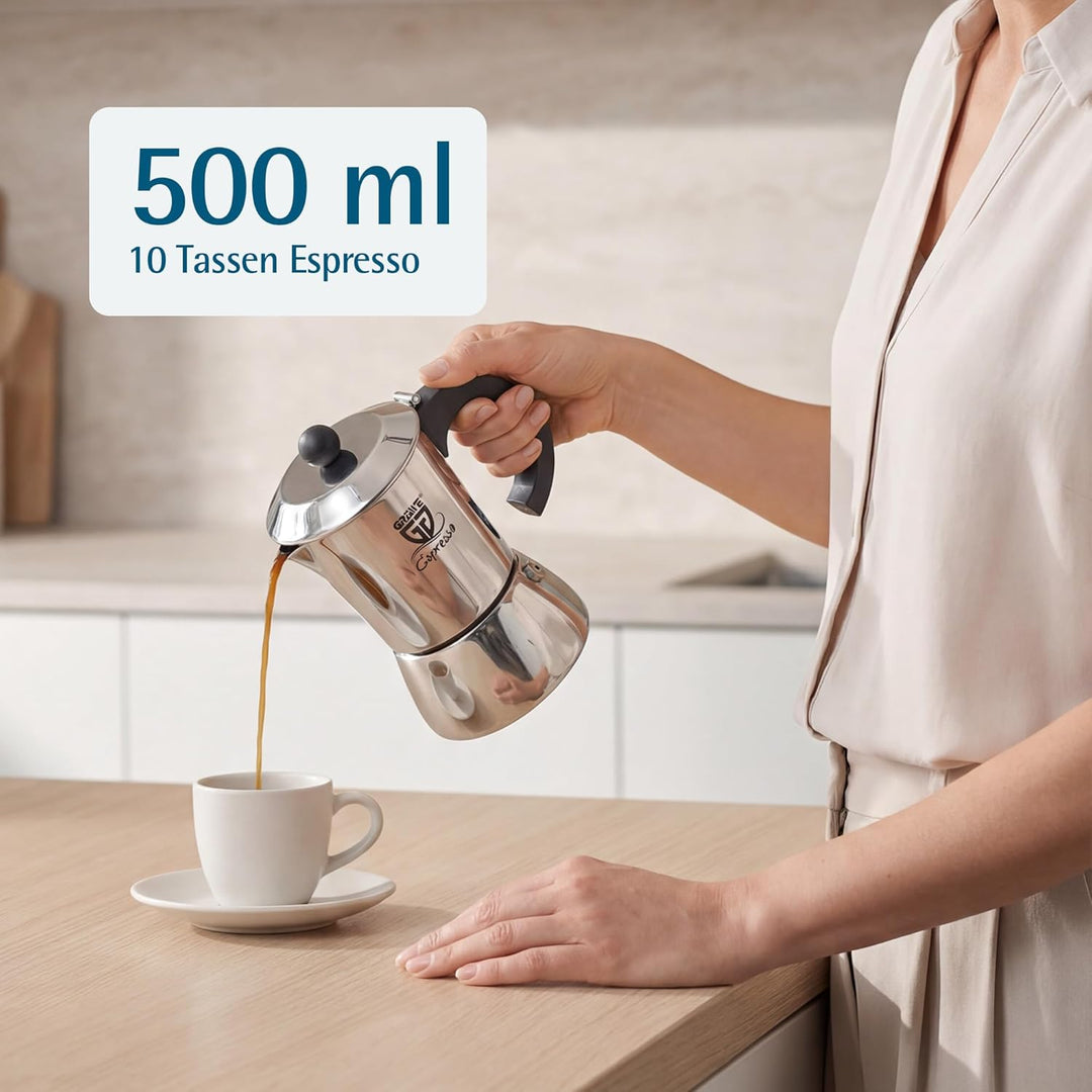 GRÄWE Espressokocher Induktion geeignet, Espressokanne aus Edelstahl für 10 Tassen, Klassischer Espr