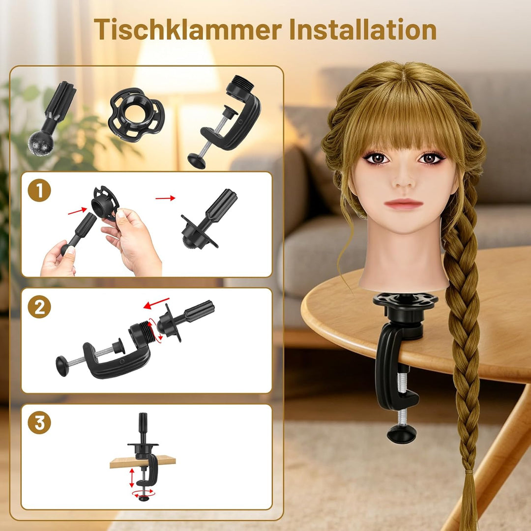 TwoWin Friseurkopf mit Haaren, 26 Zoll (66 cm) 80% Echthaar Mannequin Kopf, Make-up Übungskopf Haar