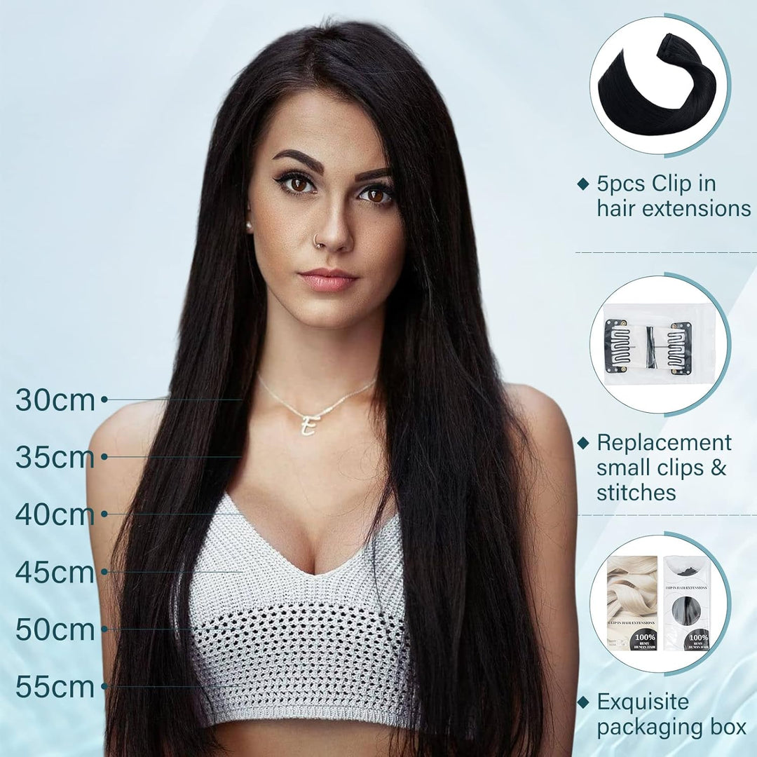 Elailite Clip in Extensions Echthaar, 5 Pcs Remy Haarverlängerung mit 12 Clips, 60cm-75g Glattes Haa