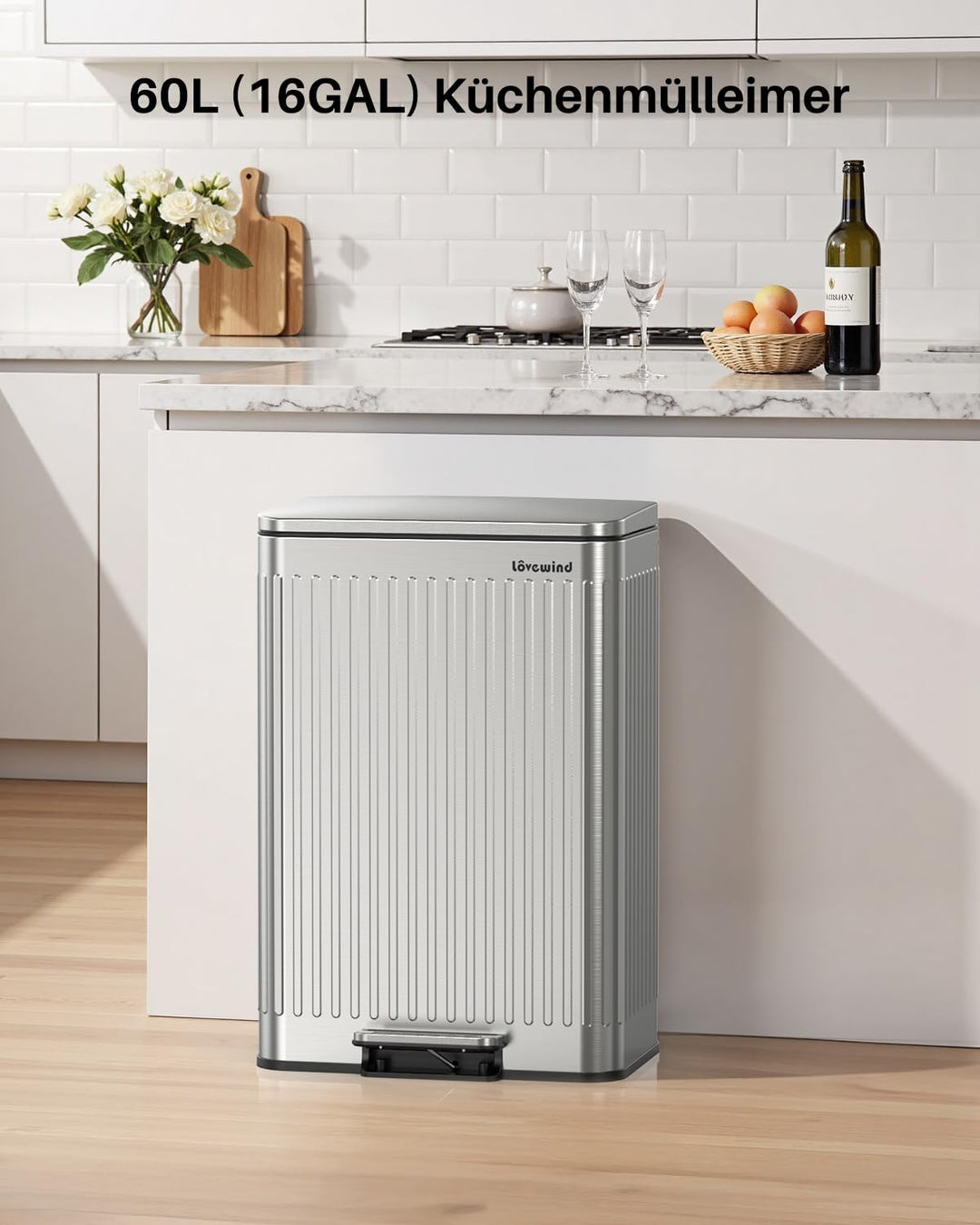 lovewind 60L Mülleimer Küche Edelstahl Silber, Pedal-Behälter mit Soft-Close Deckel, 2 herausnehmbar
