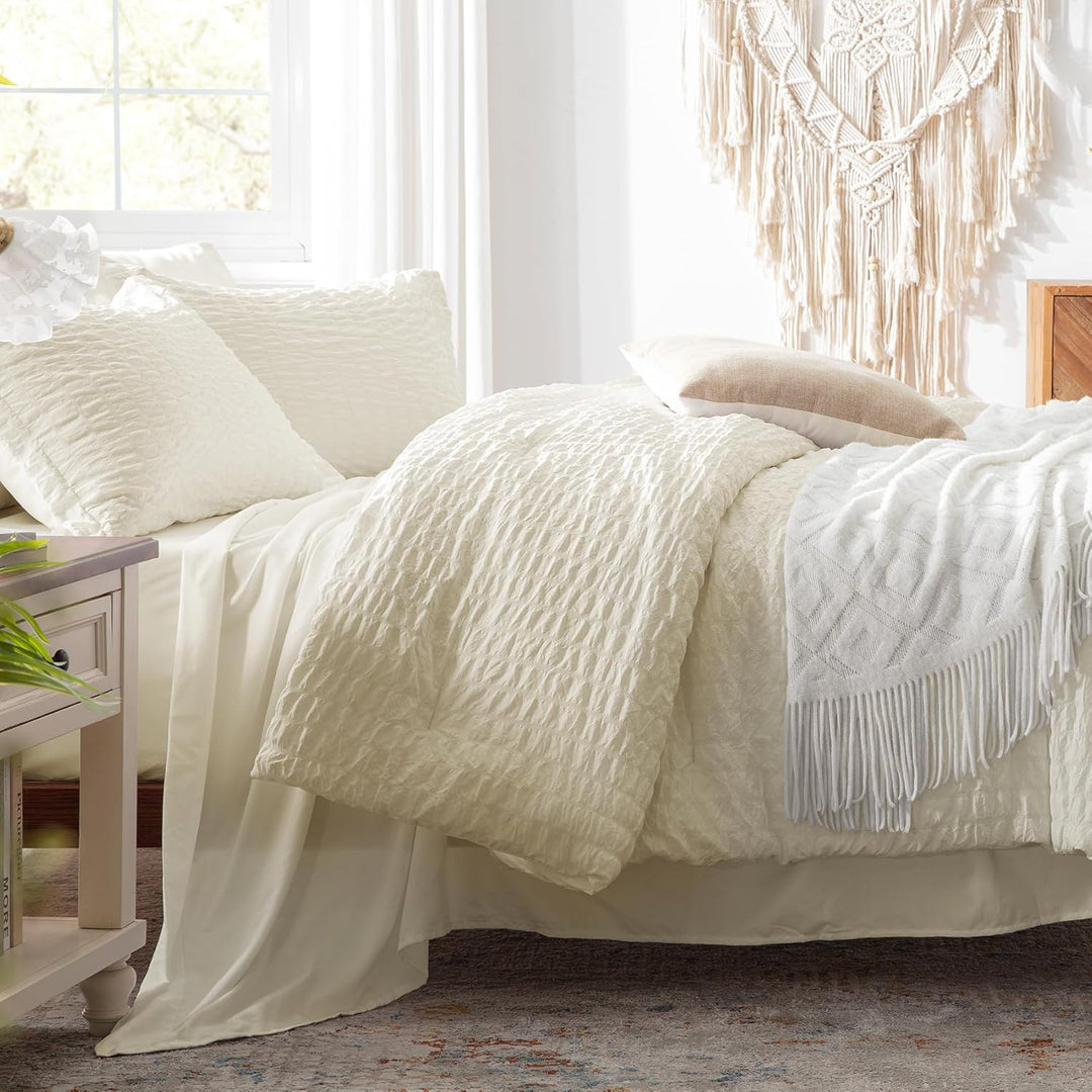 Zzlpp Queen-Bettwäsche-Set, 7-teilig, hellgelbes Seersucker-Bett in Einer Tasche mit Steppdecke, 2 K