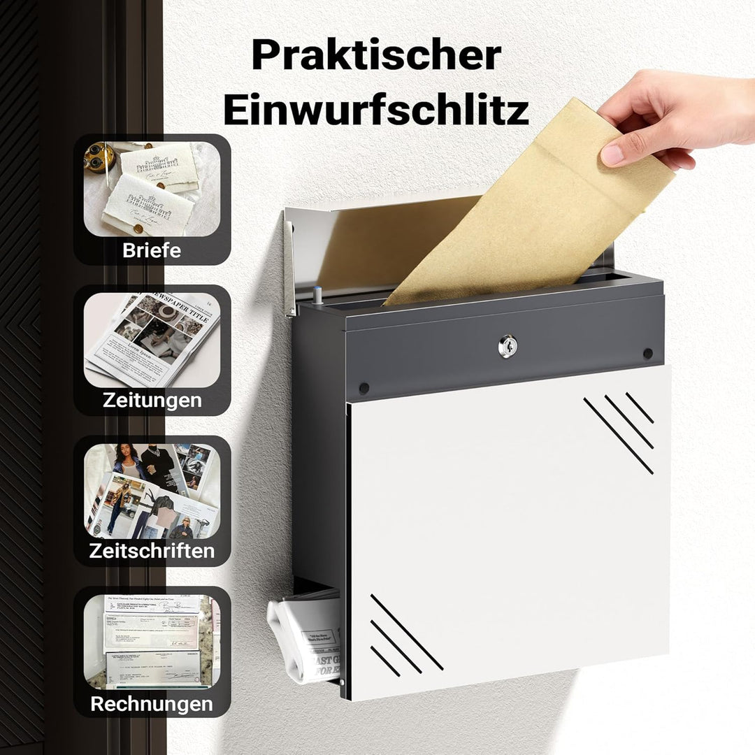 Wiltec Briefkasten Edelstahl V63 37 x 11 x 37 cm, Wandbriefkasten mit Zeitungsfach und Schlüssel Sil
