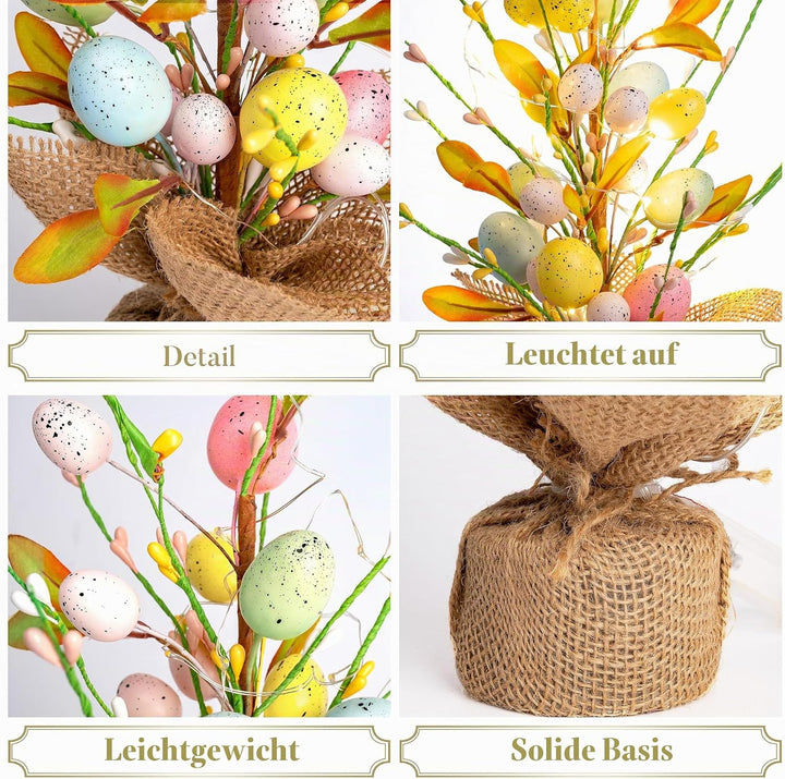 VALERY MADELYN 38cm Ostereierbaum mit Licht, Bunte Eier Zweig Baum Dekorationen mit LED Lichtern und