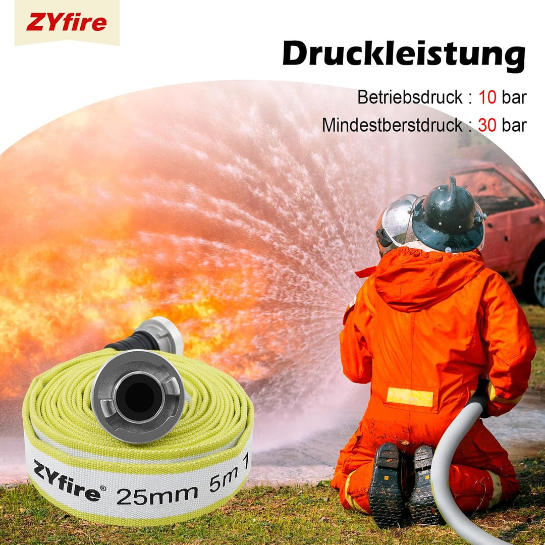ZYfire Feuerwehrschlauch 25mm x 5m | 1 Zoll Feuerschlauch mit D-Storz Kupplung | flexibler Wassersch