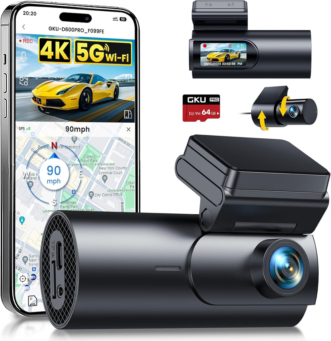 GKU 4K Dashcam Auto Vorne Hinten, 5GHz WiFi GPS, Dual Dash Cam, 1.5” IPS Mini Auto Kamera mit 64GB S