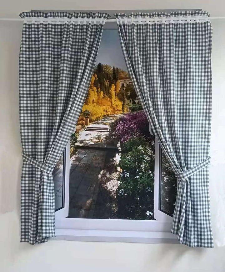 Yaland Vorhänge mit Karo-Muster Landhausstil Gardinen Karo-grösse 1x1cm Wohnzimmer Gardinenschals mi