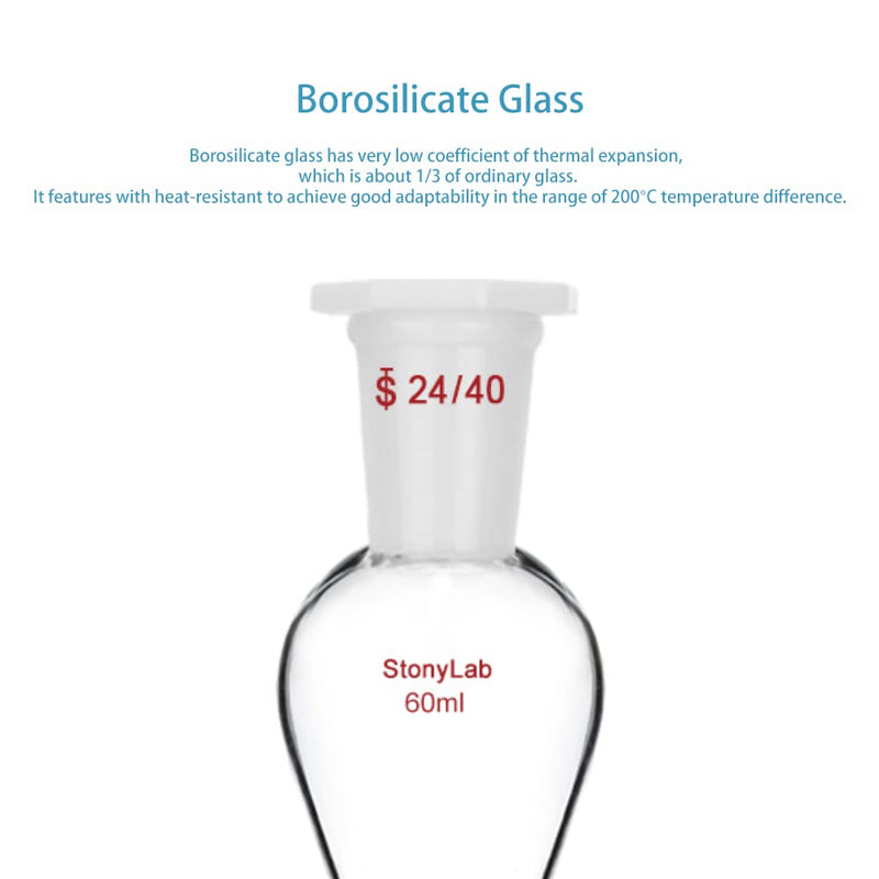 stonylab Scheidetrichter Glas, 60 ml Separatorentrichter mit PTFE-Absperrhahn Konischer Birnenförmig