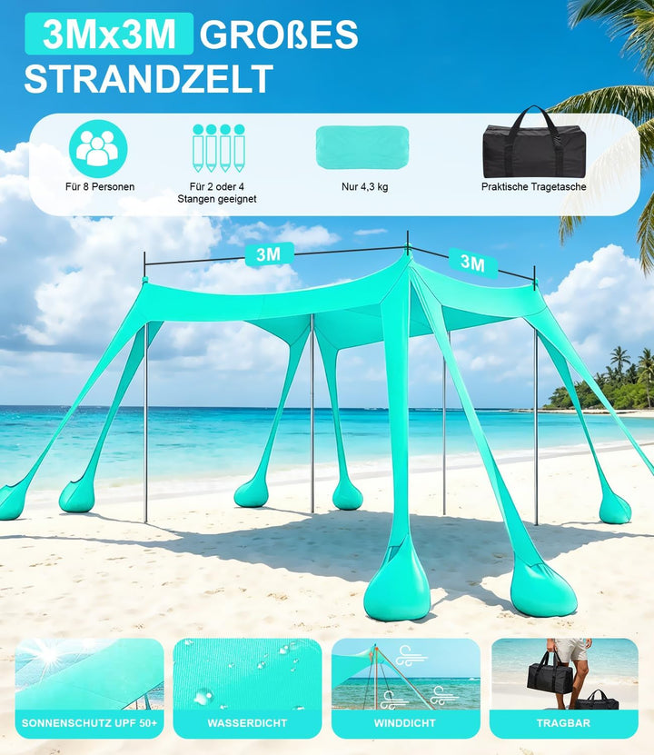 UV Strandzelt UPF50+, 3m x 3m Strandzelt Sonnenschutz Sonnensegel mit 8 Sandsäcken und 2 Sandschaufe
