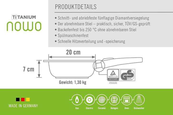 Woll Nowo Titanium Hochrandpfanne, Ø 20 cm, 7 cm hoch, mit abnehmbarem Stiel - Geeignet für Ceran, G