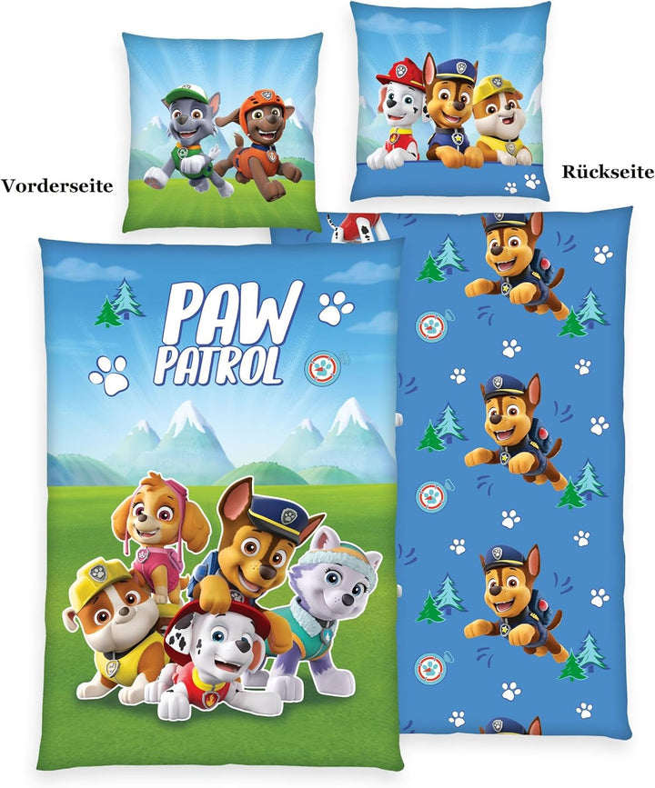 Herding Bettwäsche-Set, Paw Patrol, Kopfkissenbezug 80 x 80 cm mit Reissverschluss und Wende-Motiv,