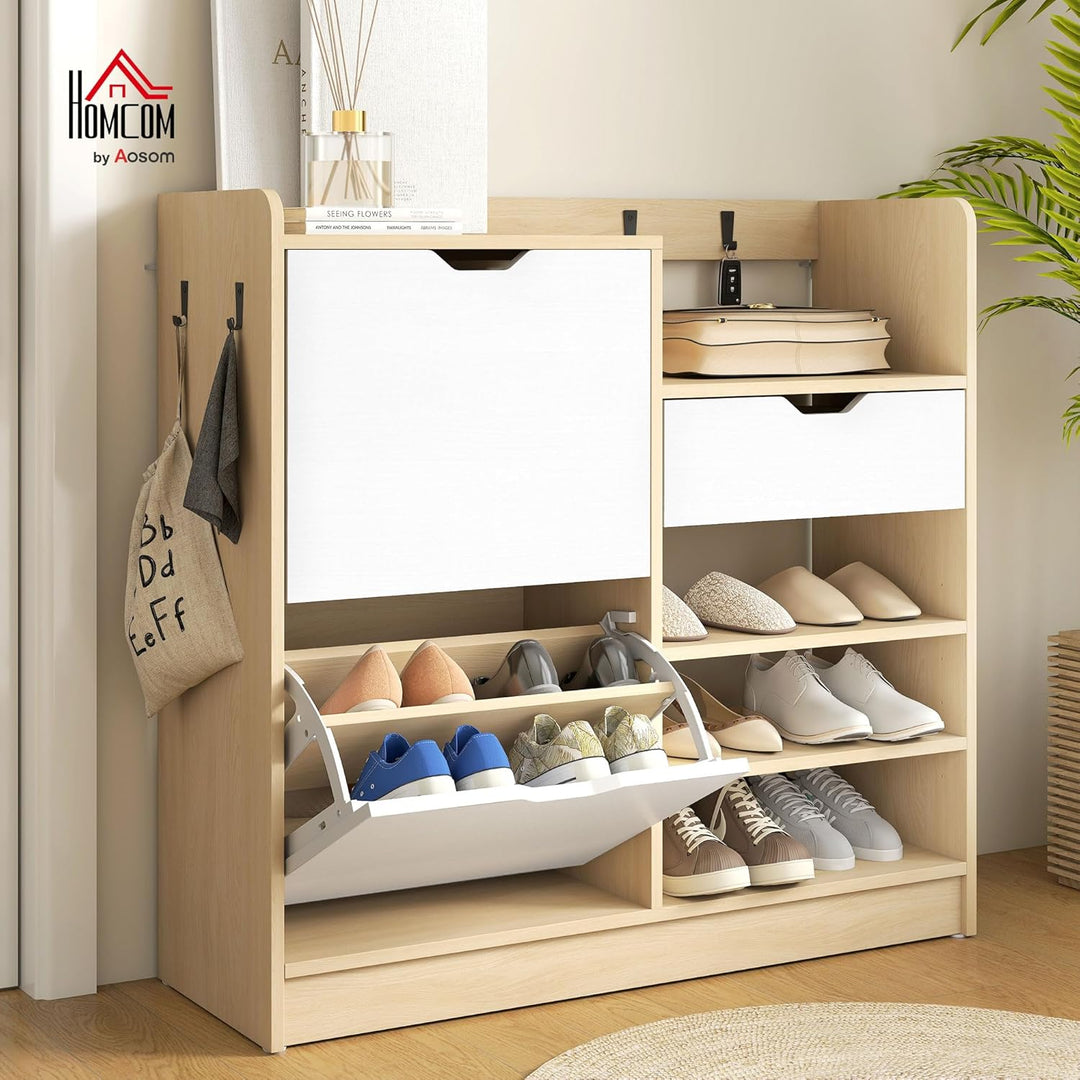 HOMCOM Schuhschrank mit 2 Klappen, Multifunktional Schuhkipper, Schuhregal mit offenen Fächern, vers