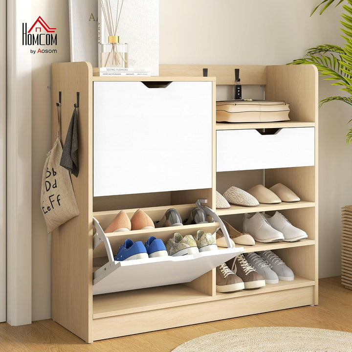 HOMCOM Schuhschrank mit 2 Klappen, Multifunktional Schuhkipper, Schuhregal mit offenen Fächern, vers