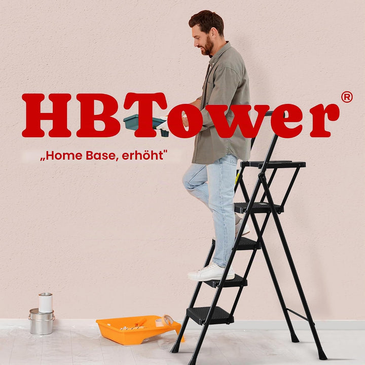 HBTower Trittleiter 4 Stufen klappbar, Leiter mit Breitem Anti-Rutsch-Pedal, Trittleiter mit Bequeme