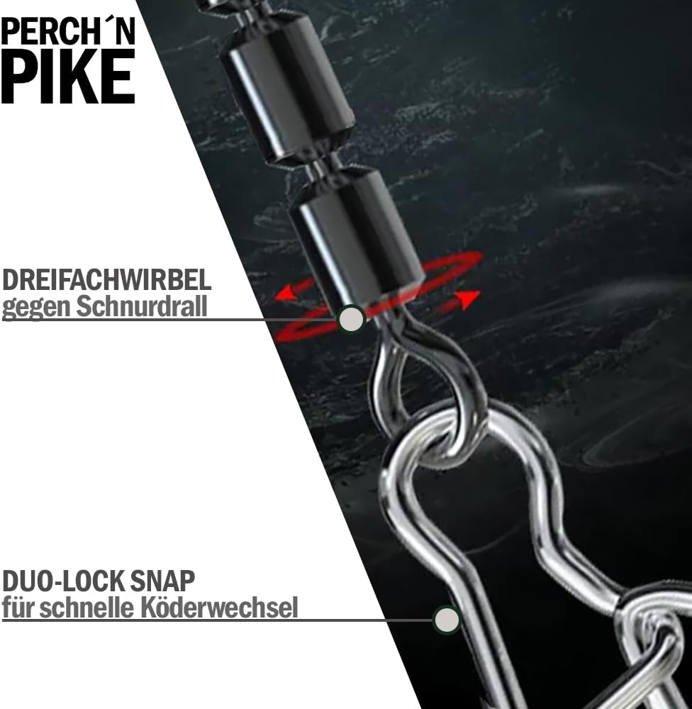 75 Dreifachwirbel im Set inkl. Box Duo-Lock Snap, 3-17 kg, Angelwirbel Set zum Spinnfischen, 5 Gröss