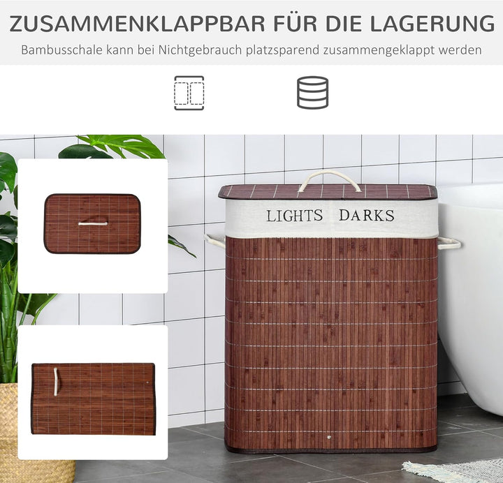 HOMCOM Bambus Wäschekorb schmal mit Deckel 100L Wäschesammler mit Griffen, 2 herausnehmbarer Wäsches