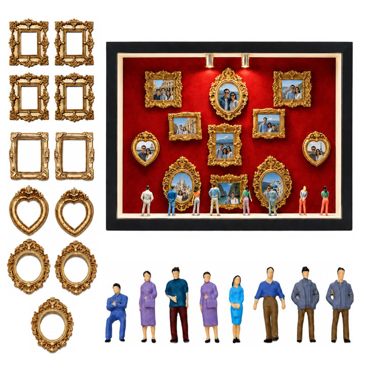 DIY Mini Museum Schattenbox mit LED, Erinnerungsrahmen Set | 11 Mini-Frames, 8 Figuren, Holz &amp; Harz,