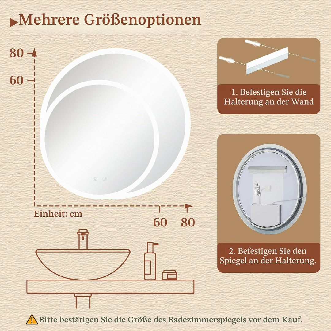 Clevich Badspiegel mit Beleuchtung rund 60 cm, LED Spiegel mit 3 Lichtfarben dimmbar, gehärtetes Gla