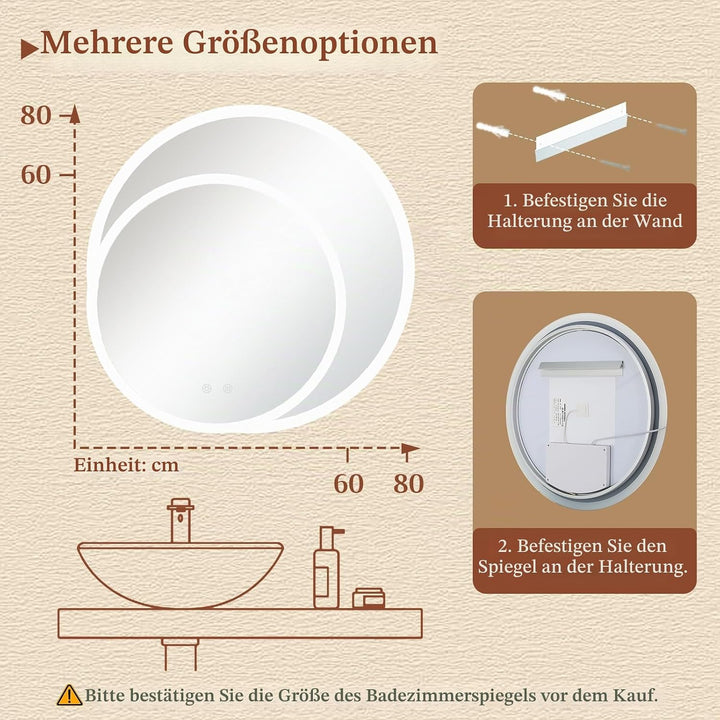 Clevich Badspiegel mit Beleuchtung rund 60 cm, LED Spiegel mit 3 Lichtfarben dimmbar, gehärtetes Gla