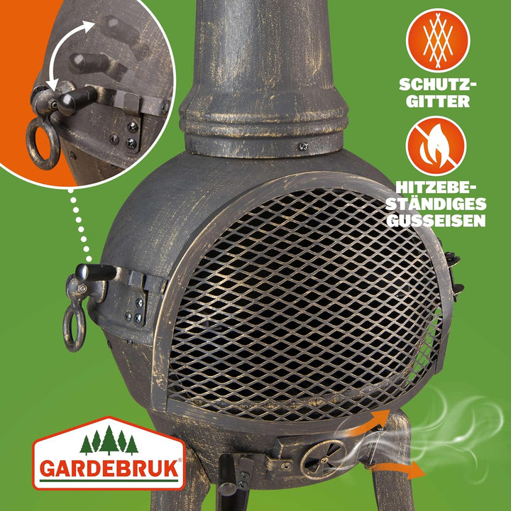 GARDEBRUK® Terrassenofen Gusseisen 28kg Funkenschutz Abdeckung Schürhaken 112cm Gross Feuerstelle Fe