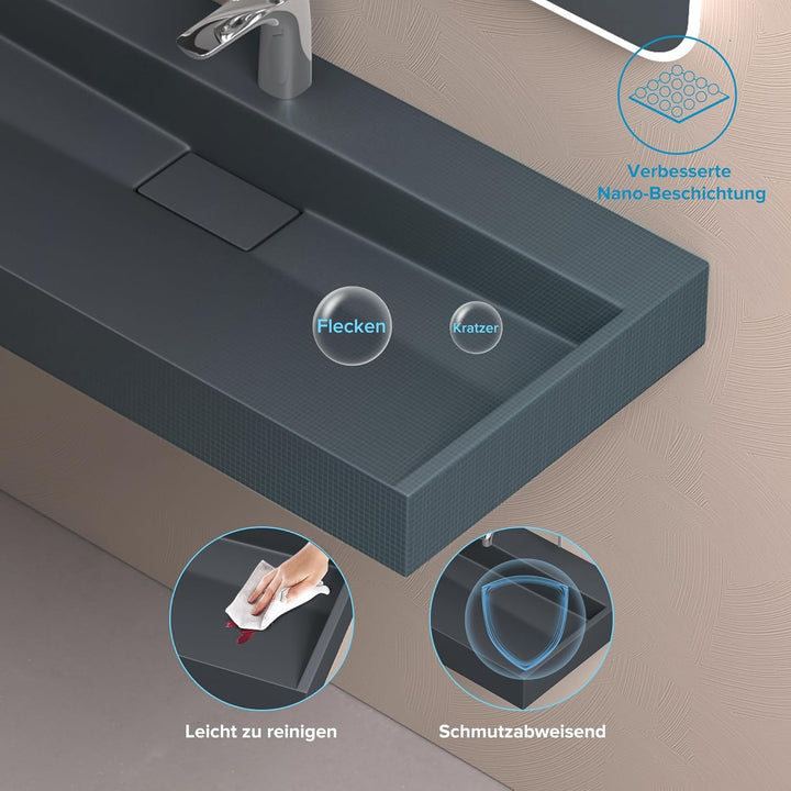 doporro Aufsatzwaschbecken Colossum19 matt Anthrazit 100x46x11cm Mineralguss Waschbecken mit Armatur