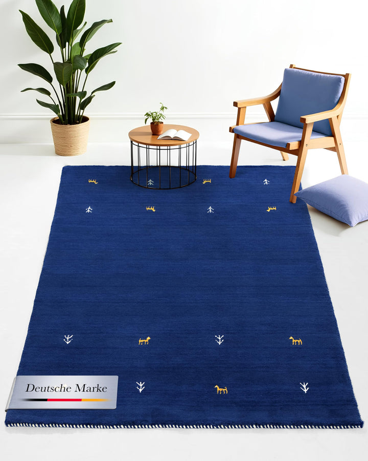 carpetfine Wollteppich Gabbeh Uni Blau 60x90 cm | Moderner Teppich für Wohn- und Schlafzimmer 60x90