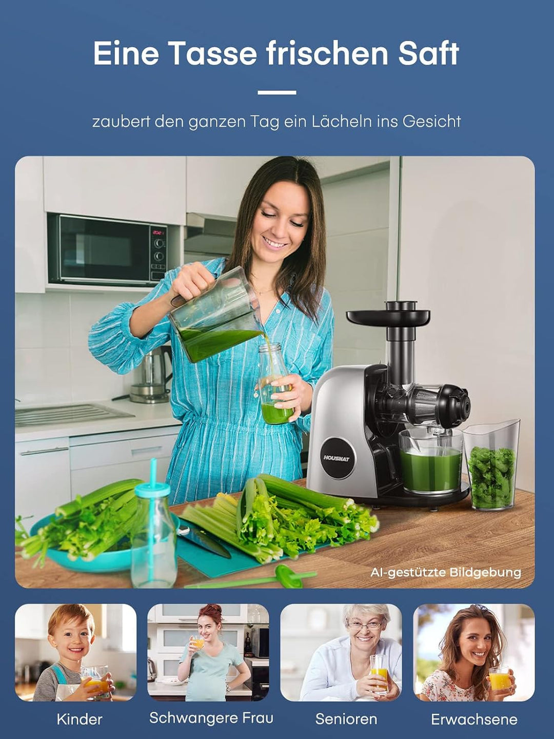 HOUSNAT Slow Juicer, Entsafter Gemüse und Obst, Profi Entsafter mit Ruhigem Motor │ Umkehrfunktion │