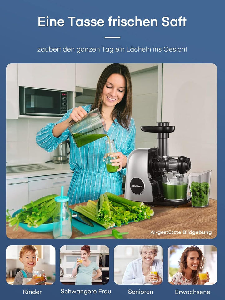 HOUSNAT Slow Juicer, Entsafter Gemüse und Obst, Profi Entsafter mit Ruhigem Motor │ Umkehrfunktion │