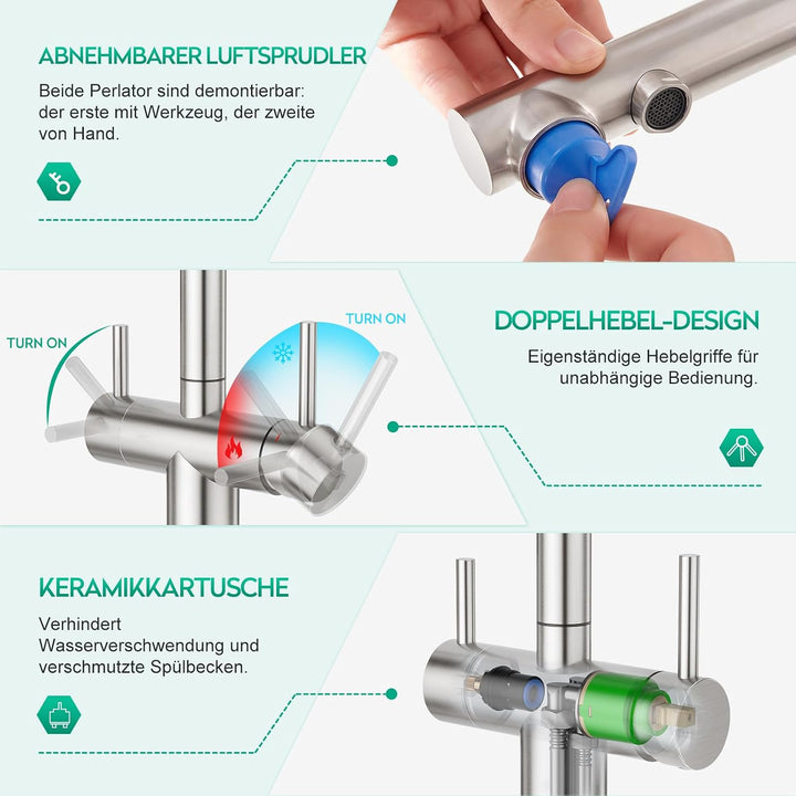 CREA 3 Wege Wasserhahn Küche mit Brause, Trinkwasserhahn mit 360° Drehbarkeit, Drei Wege Mischbatter