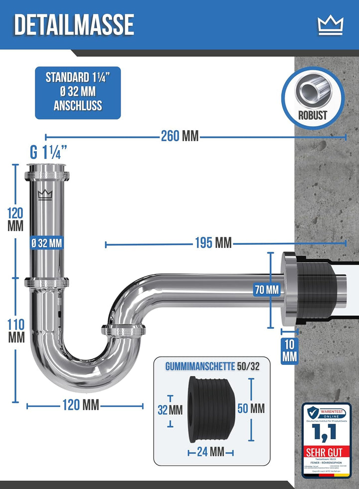 FEINER® - Premium Universal Siphon für Waschbecken Edelstahl, Abflussrohr Tauchrohr 2-12cm höhenvers
