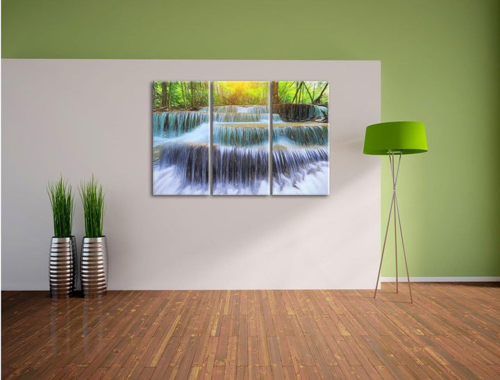 Pixxprint Wasserfall im Regenwald / 3-Teilig/Gesamtmass 120cm Leinwandbild bespannt auf Holzrahmen/W