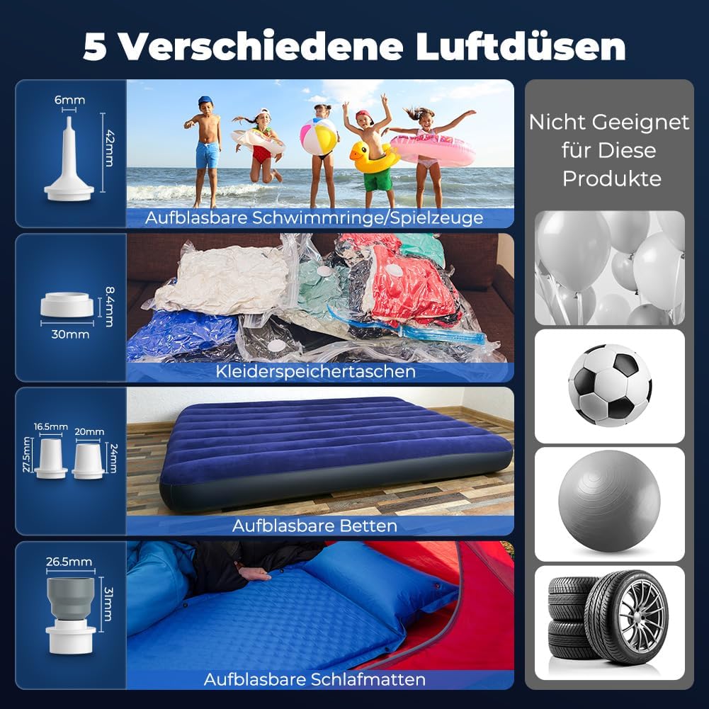 Elektrische Luftpumpe 4000Pa, Mini Pumpe Luftpumpe für Luftmatratze mit Wiederaufladbare Akku, mit 5