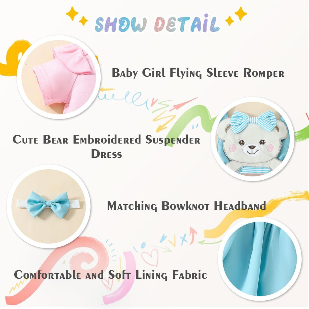 Baby Mädchen Strampler Bär Besticktes Hosenträgerkleid Bowknot Stirnband Kleiderset, Flying Sleeve R